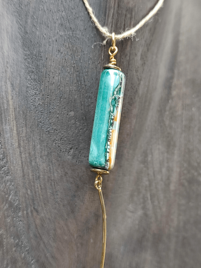 Z-Collier céramique bleue vert avec de jolis reflets et pendentif tourbillon monté sur fil de lin réglable 