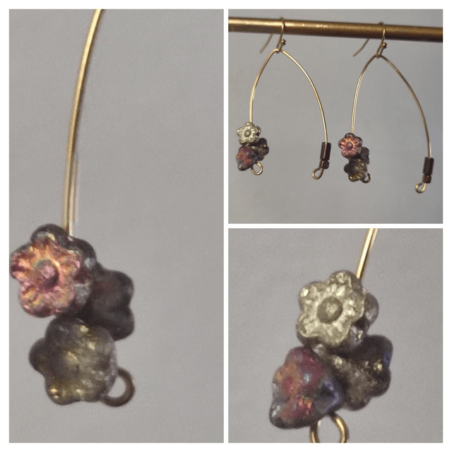 Z-Boucles d'oreilles grappe de fleurs en verre rose et or, en acier inoxydable doré -sans nickel, pièce unique 