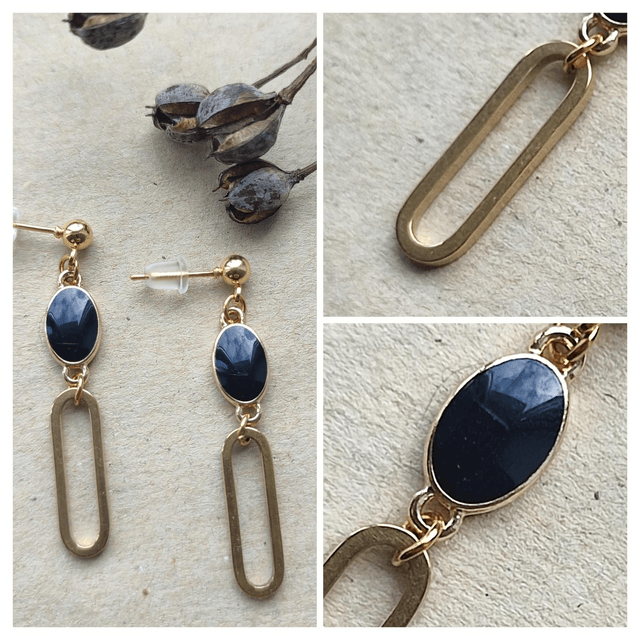 Boucles d'oreilles email noir, acier inoxydable doré -sans nickel, pièce unique 
