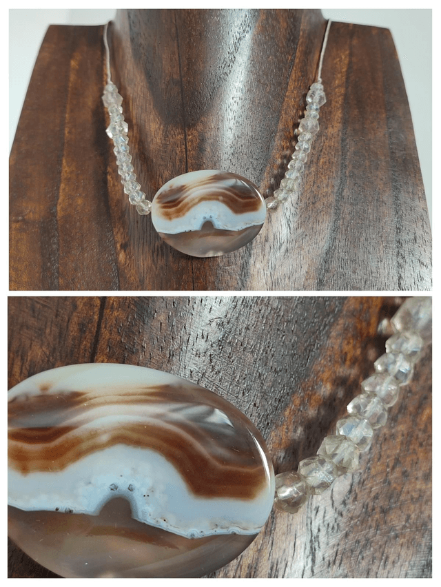 Z-Collier agate blanche et brune et perles de verre monté sur fil de lin réglable avec chaîne d'extension, pièce unique 