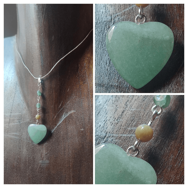 Collier pendentif coeur en aventurine verte ( pierre naturelle) monté sur fil de lin réglable avec chaîne d'extension en acier inoxydable argenté 