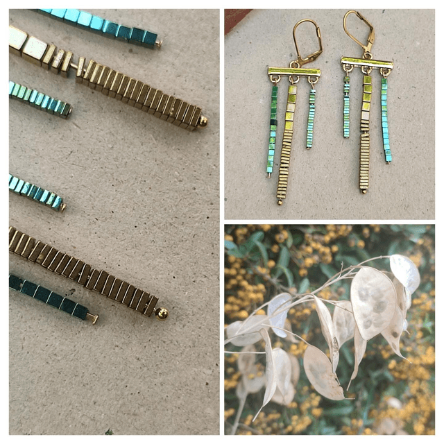 "Asymétrie" boucles en hématites bleu/vert/or pierre naturelle en acier inoxydable doré -sans nickel, pièce unique 