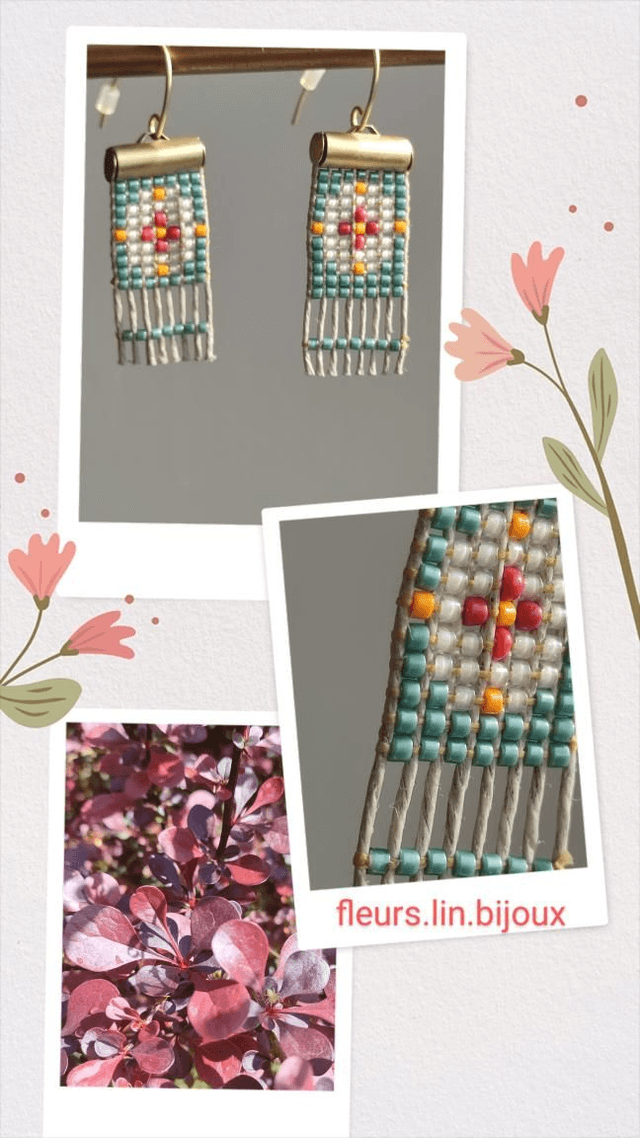 Boucles d'oreilles tissées à la main sur fil de lin avec perles miyuki -sans nickel -bleu, blanc, orange & sienne 