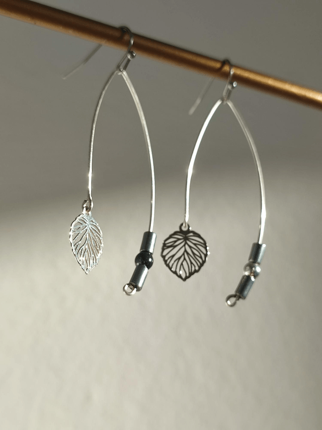 Z-Boucles d'oreilles feuilles & onyx noir ( pierres naturelles) hématite argent, acier inoxydable argent, pièce unique -sans nickel 