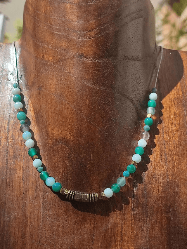 Z-Collier amazonite, agate verte, améthyste, hématite doré ( pierres naturelles), ras du cou réglable par chaîne d'extension en acier inoxydable doré -sans nickel -piece pièce unique 