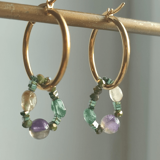 Créoles améthyste ,citrine, apatite en pierres naturelles acier inoxydable doré -sans nickel, pièce unique 