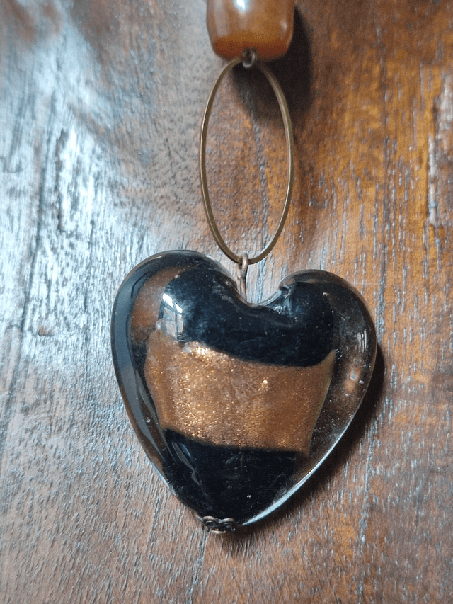 Z-Collier coeur en verre noir et cuivre,pierre en agate brune monté sur fil de lin avec chaîne d'extension bronze, pièce unique 