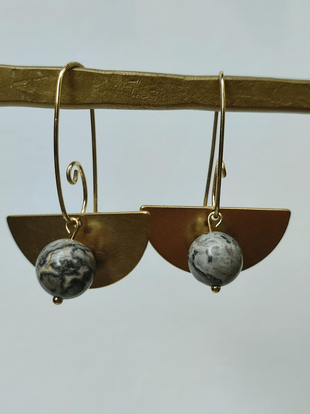 Boucles d'oreilles agate grise et éventail laiton bronze, pièce unique, sans nickel 