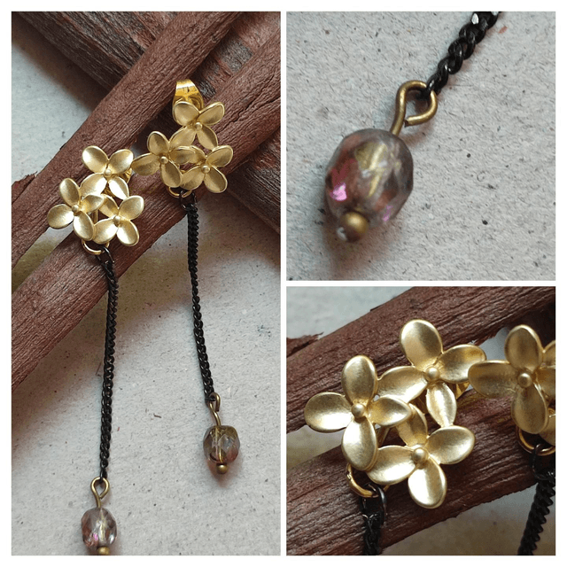 Boucles d'oreilles fleurs et verre aux reflets mordorés, chaîne noire sans nickel, pièce unique 