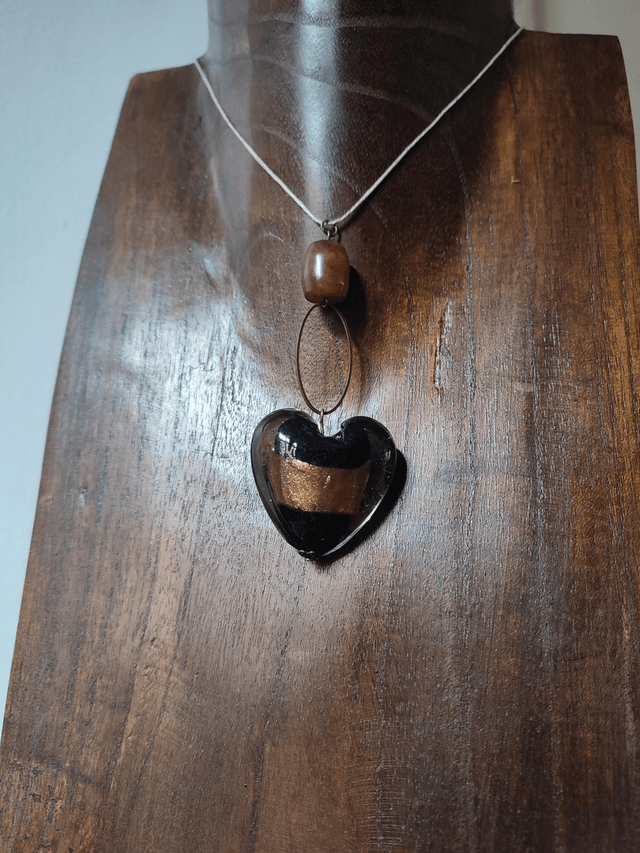 Z-Collier coeur en verre noir et cuivre,pierre en agate brune monté sur fil de lin avec chaîne d'extension bronze, pièce unique 