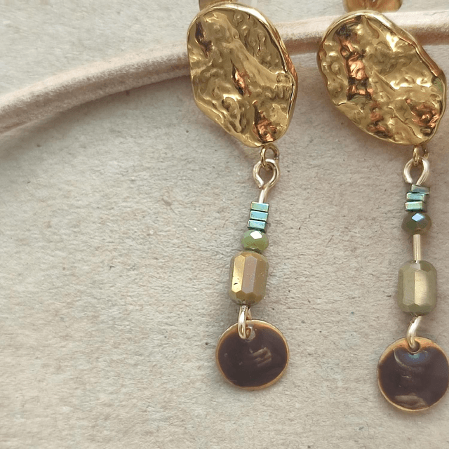 Boucles d'oreilles email brun et verre kaki , acier inoxydable doré -sans nickel 