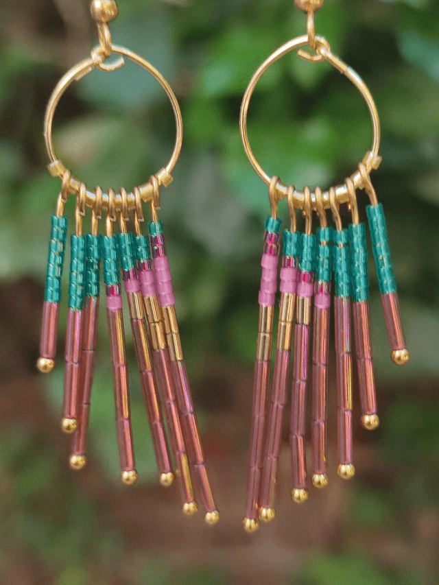 Boucles d'oreilles en perles de verre miyuki rosé/turquoise/or en acier inoxydable doré -sans nickel pièce unique 