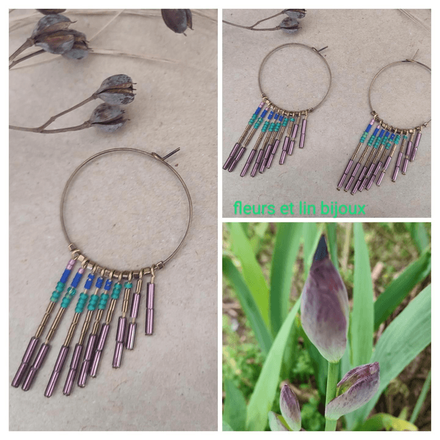 Créoles bronze et perles en verre miyuki violine, turquoise et orange, sans nickel,en laiton bronze, pièce unique 