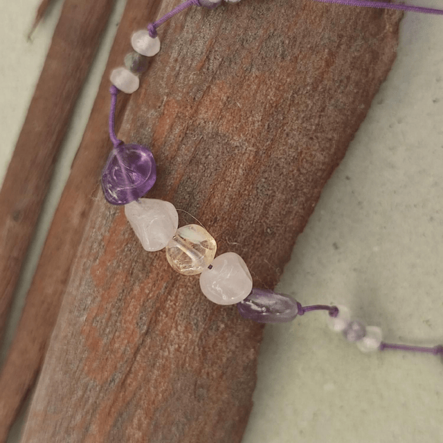 Bracelet en améthyste, citrine & agate rose (pierres naturelles) réglable sur fil de jade