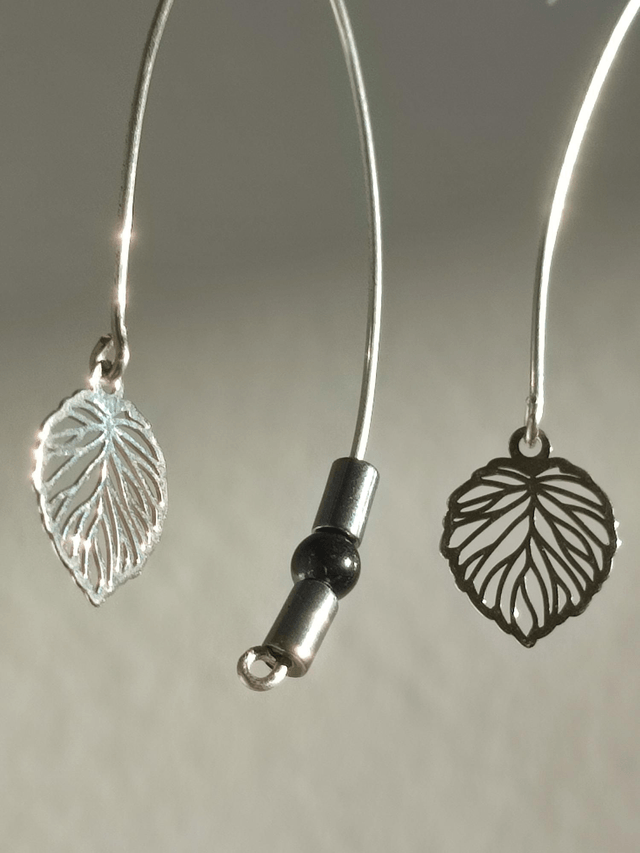 Z-Boucles d'oreilles feuilles & onyx noir ( pierres naturelles) hématite argent, acier inoxydable argent, pièce unique -sans nickel 