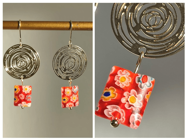 Z-Boucles cercle et carré fleuri en verre mille Fiori orange 