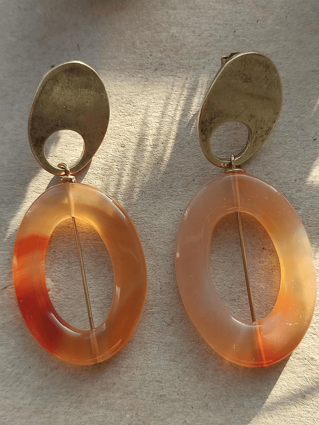 Z-Boucles d'oreilles en agate aux jolis reflets orange,en laiton bronze -sans nickel,pièce unique 
