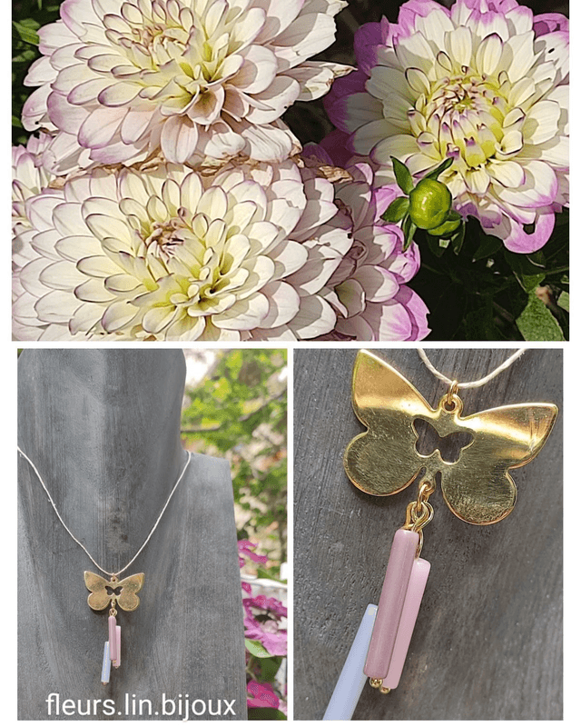 Z-Collier papillon doré et tube en verre dégradé de rose monté sur fil de lin avec chaîne d'extension 