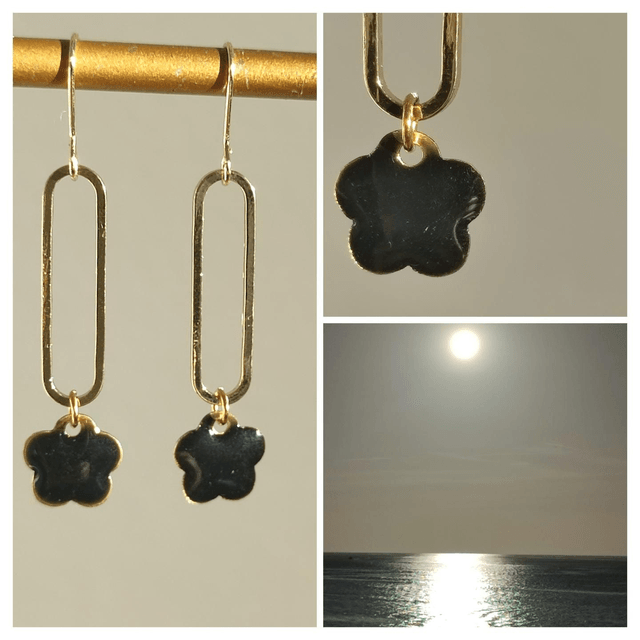 Boucles d'oreilles fleurs noires et ovale, acier inoxydable doré -sans nickel 