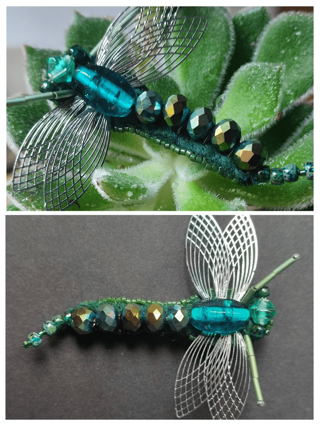 Z-Broche libellule turquoise et verte en perles de verre, Tissé main en pièce unique 