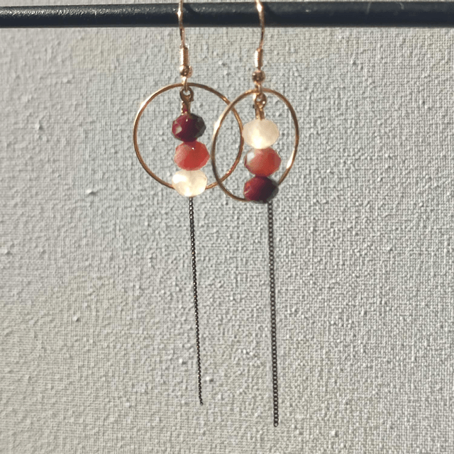 Boucles d'oreilles 3 perles en verre brun, orange, bordeaux et cercle 