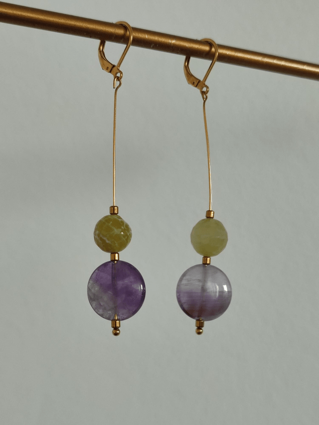 Z-Boucles d'oreilles en jade & améthyste ( pierres naturelles) acier inoxydable doré -sans nickel, pièce unique 