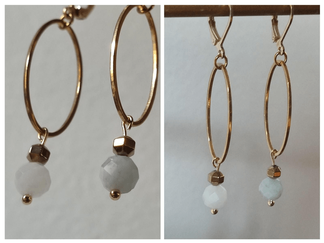 Boucles d'oreilles en pierres de lune, ovales et fermoirs en acier inoxydable doré -sans nickel, pièce unique 