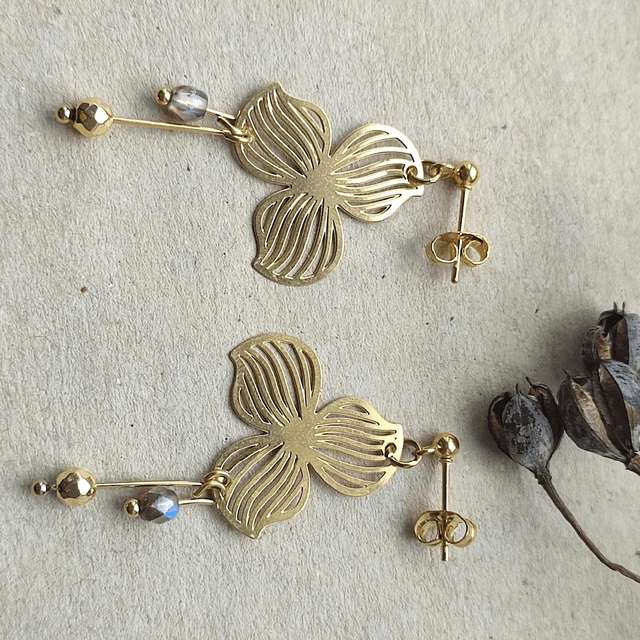 Boucles fleurs hématite doré et verre mordoré en acier inoxydable doré -sans nickel, pièce unique 