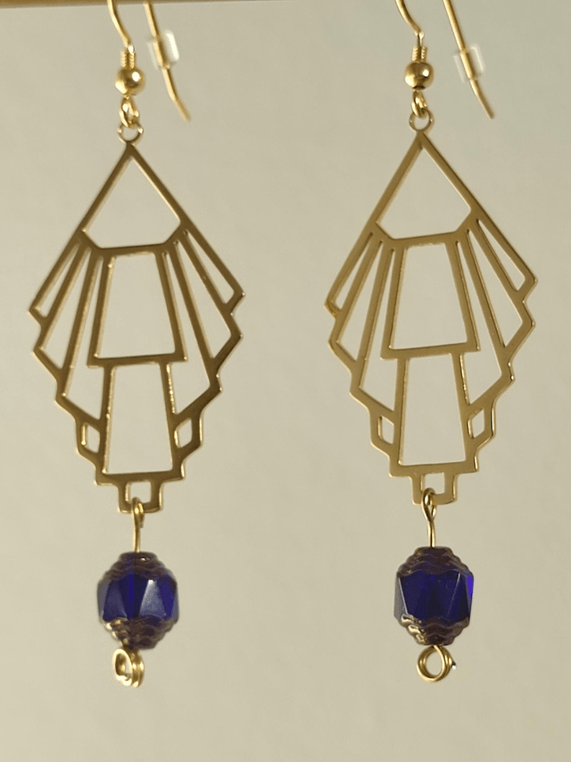 Z-Boucles d'oreilles "art déco" et perles en verre bleu et or, fermoirs en acier inoxydable,sans nickel, pièce unique 