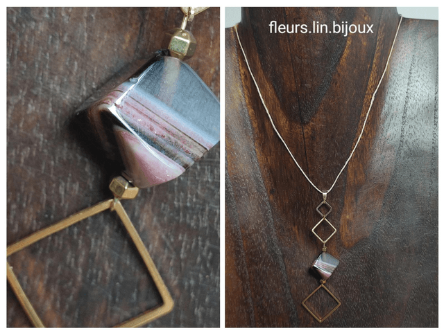 Z-Collier carré en agate noire et rose, carrés en acier inoxydable doré monté sur fil de lin réglable avec chaîne d'extension en acier inoxydable doré 
