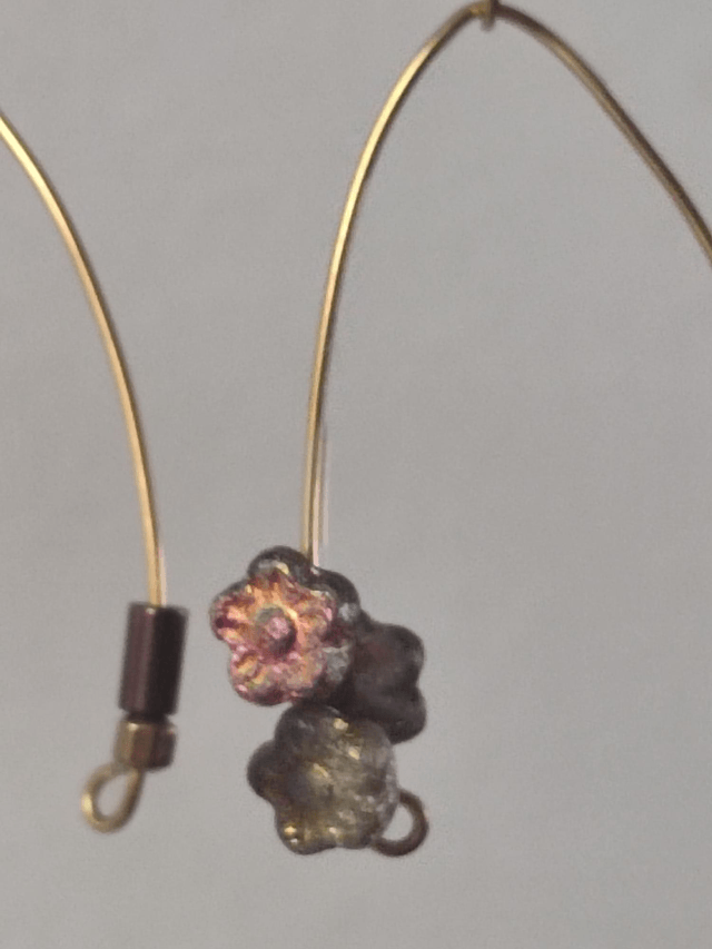 Z-Boucles d'oreilles grappe de fleurs en verre rose et or, en acier inoxydable doré -sans nickel, pièce unique 