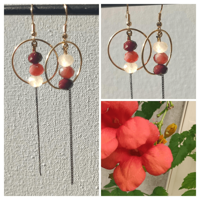 Boucles d'oreilles 3 perles en verre brun, orange, bordeaux et cercle 