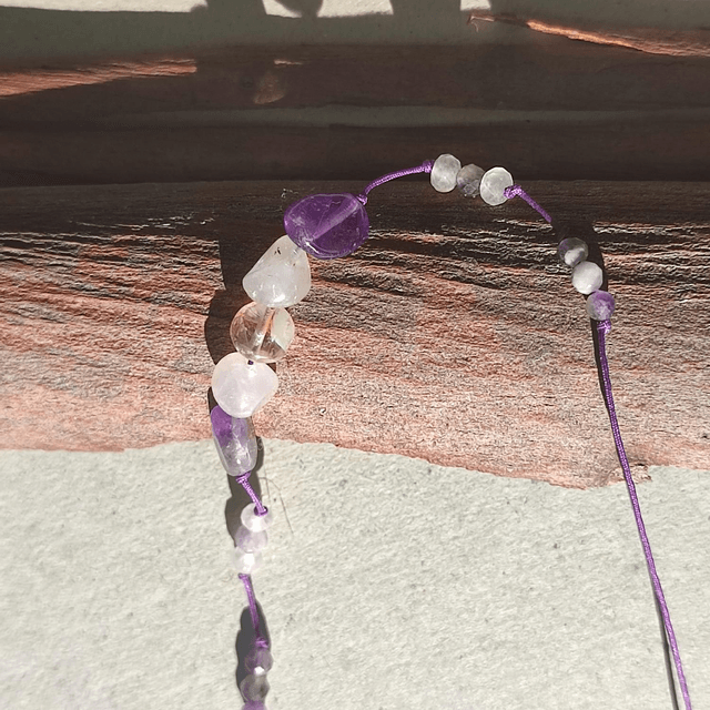 Bracelet en améthyste, citrine & agate rose (pierres naturelles) réglable sur fil de jade