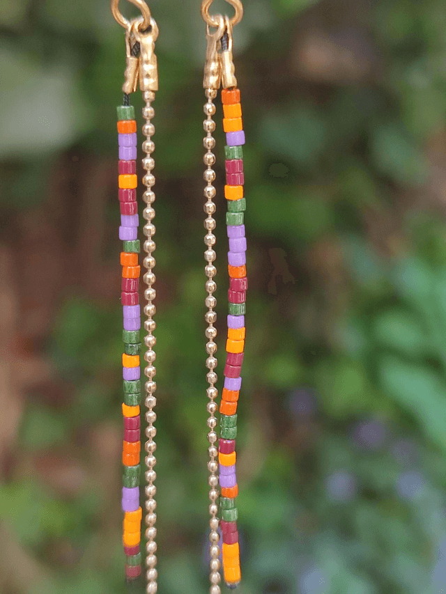 Boucles d'oreilles longues multicolore perles de verre miyuki et chaîne en acier inoxydable doré -sans nickel pièce unique 
