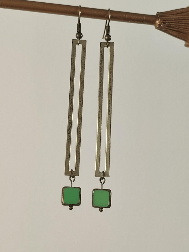 Z-Boucles d'oreilles longues carré en verre vert, rectangle bronze, pièce unique - sans nickel 