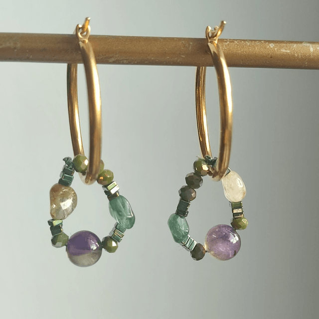 Créoles améthyste ,citrine, apatite en pierres naturelles acier inoxydable doré -sans nickel, pièce unique 