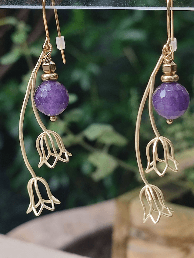 Z- fleurs & agate violette, boucles d'oreilles sans nickel, fermoirs en acier inoxydable doré 