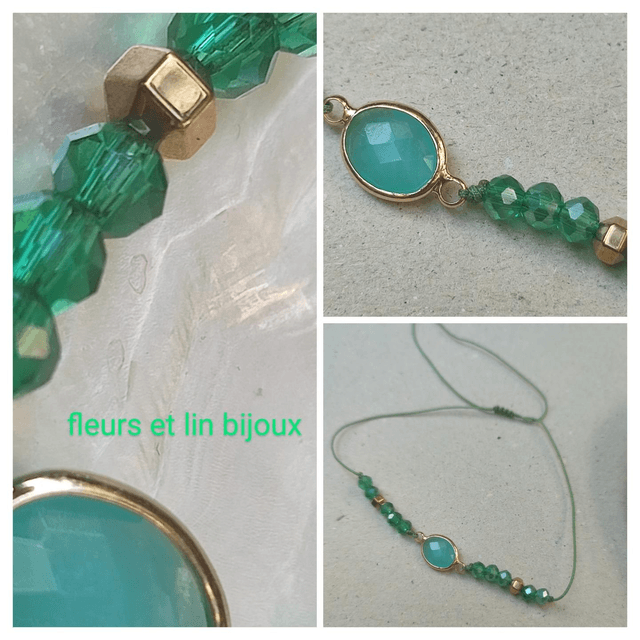 Z-Bracelet agate verte ( pierres naturelles)et hématite dorée, perles en verre facettées réglable 