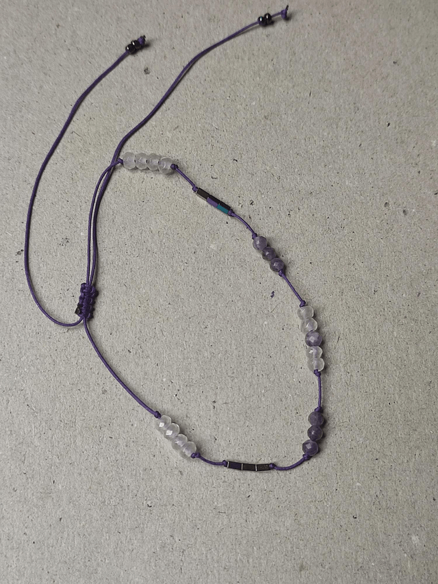 Bracelet améthyste & agate rose pâle réglable sur fil de jade résistant, pièce unique 