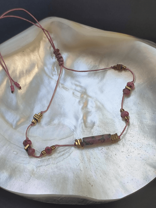 Bracelet en rhodonite et agate rose (pierres naturelles)& nacre réglable sur fil de jade 