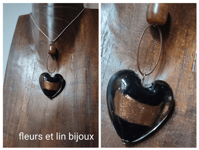 Z-Collier coeur en verre noir et cuivre,pierre en agate brune monté sur fil de lin avec chaîne d'extension bronze, pièce unique 