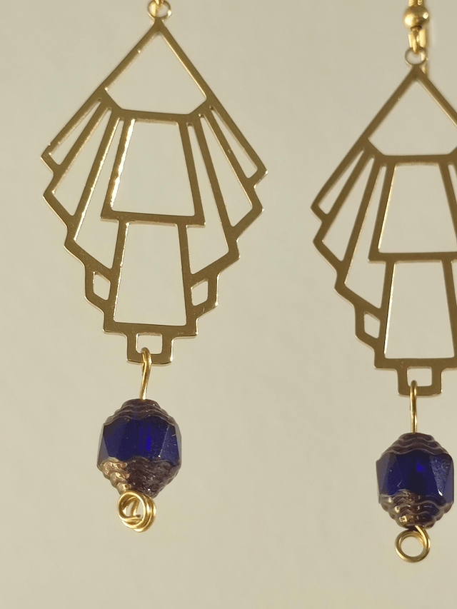 Z-Boucles d'oreilles "art déco" et perles en verre bleu et or, fermoirs en acier inoxydable,sans nickel, pièce unique 