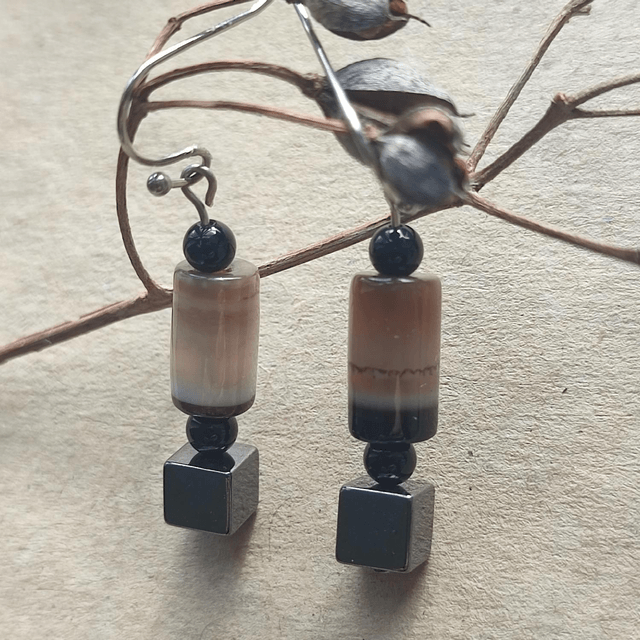 Boucles agate noire et hématite en acier inoxydable argenté -sans nickel -