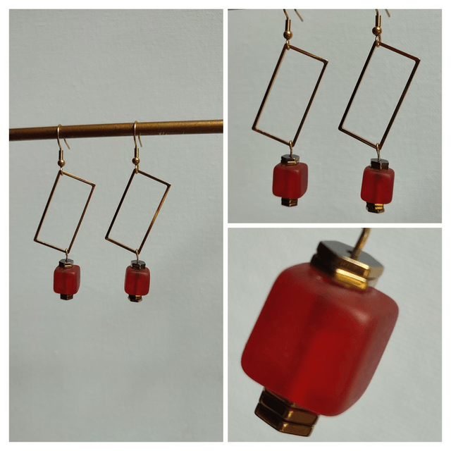 Z-Boucles d'oreilles carré verre orange et rectangles acier inoxydable doré -sans nickel, pièce unique 