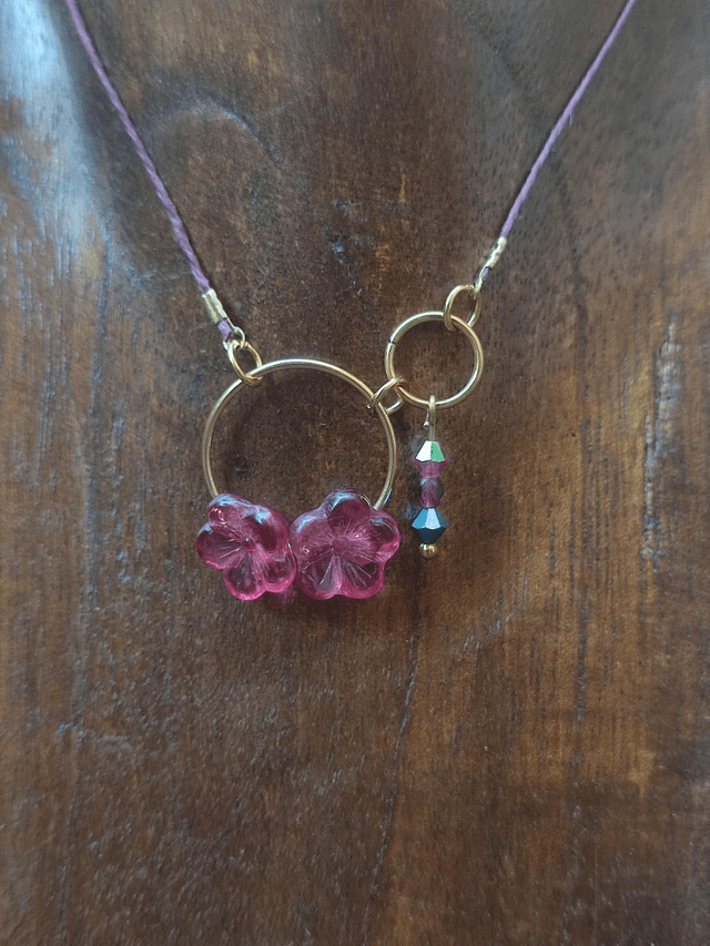 Collier fleurs & 3 perles en verre monté sur fil de lin réglable avec chaîne d'extension en acier inoxydable doré, pièce unique 