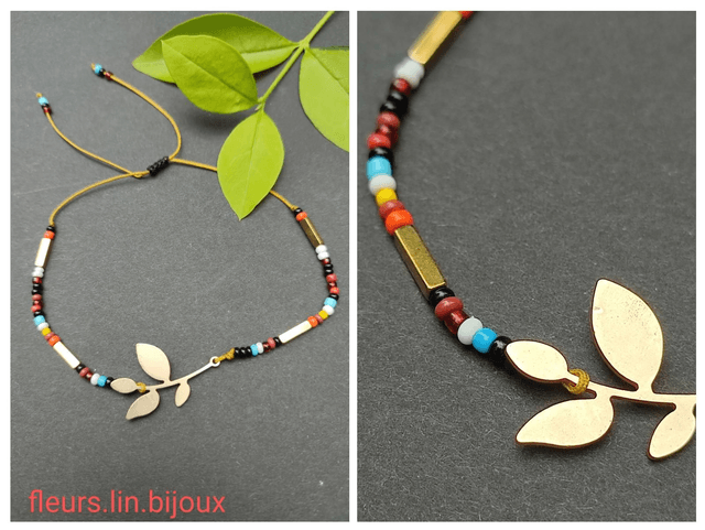 Z-Bracelet feuille dorée sur fil de jade réglable avec perles de verre miyuki 