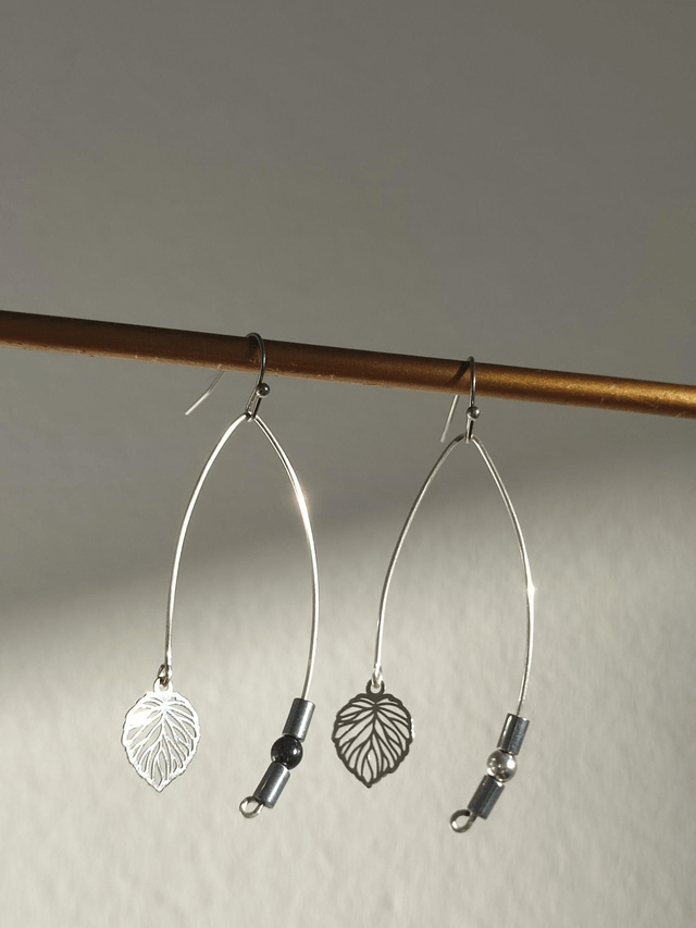 Z-Boucles d'oreilles feuilles & onyx noir ( pierres naturelles) hématite argent, acier inoxydable argent, pièce unique -sans nickel 