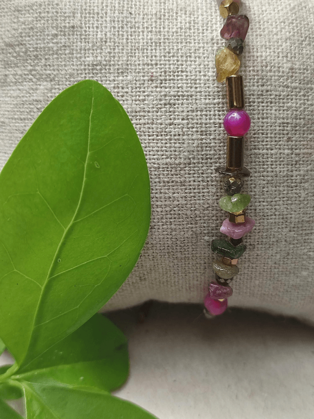 Bracelet tourmaline, agate rose & hématite doré ( pierres naturelles)réglable sur fil de jade 