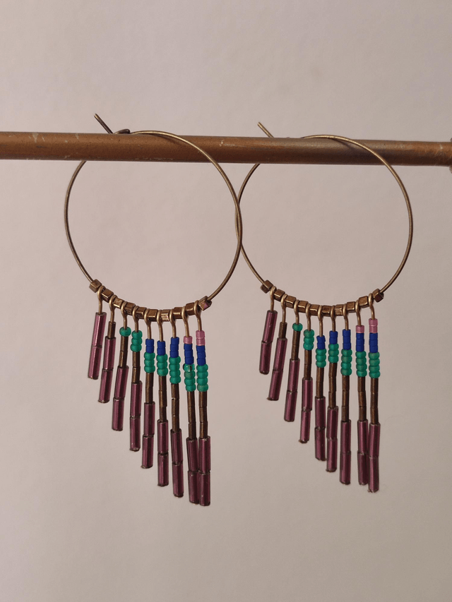 Créoles bronze et perles en verre miyuki violine, turquoise et orange, sans nickel,en laiton bronze, pièce unique 