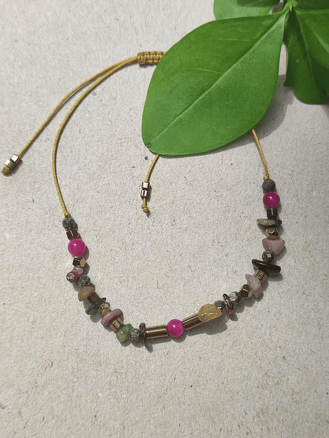 Bracelet tourmaline, agate rose & hématite doré ( pierres naturelles)réglable sur fil de jade 